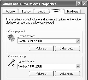 "Default device" in "Sound playback": YAMAHA PJP-25UR "Default device" in "Sound recording": YAMAHA PJP-25UR Change y Normally,