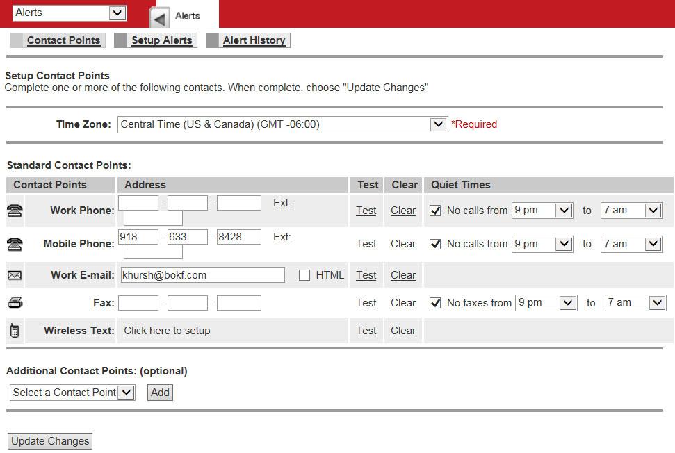 Editing contact POints 1. Select the Alerts option from the drop-down menu on the homepage. 2. Select the Alerts tab at the top of the page. The page will default to Setup Contact Points. 3.