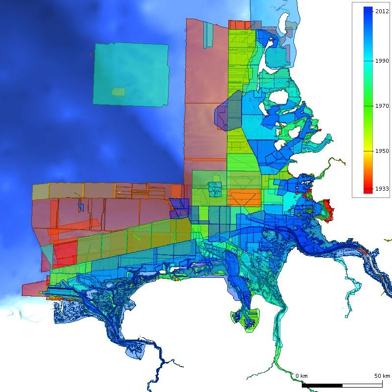 Figure 1 Metadata of the surveying data in the German Bight For each data set the spatial confidence region, the temporal confidence interval, the accuracy of measurement and the recommended