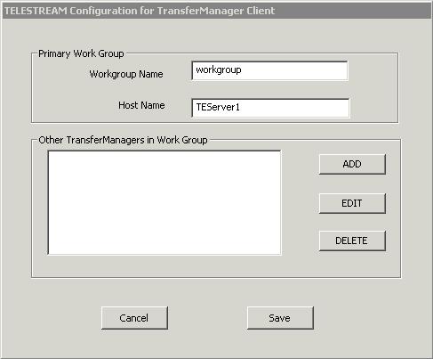 When the Transfer Engine Client Configuration window displays, provide the following information to configure Interplay Transfer Engine: Workgroup Name.