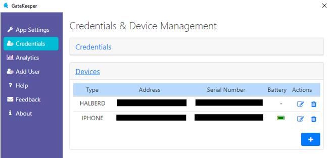 The Devices tab displays all the GateKeeper devices associated with the currently connected user. You can edit/delete these devices.