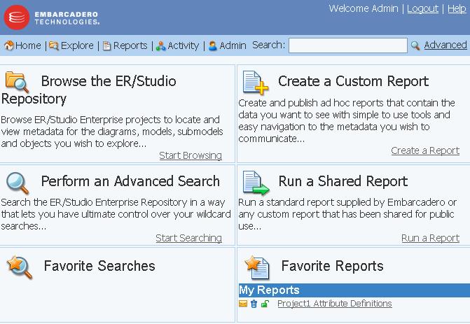 USING THE ER/STUDIO ENTERPRISE PORTAL > DASHBOARDS Now, you can run the named report whenever you want. Other users will see standard shared reports in the Shared Reports area of Favorite Searches.