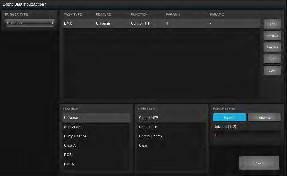 To achieve throughput of the DMX, go to the Show Control page. Create a DMX Input action list and insert one action.
