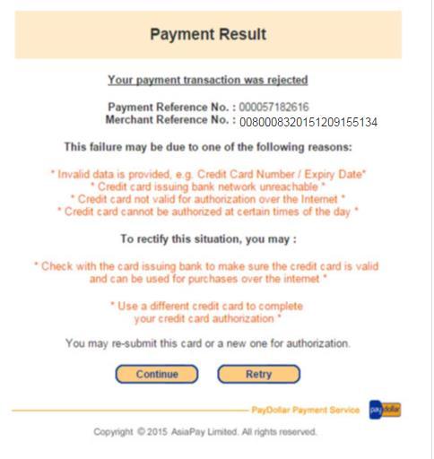 (ii) If the payment failed, the below message will be shown Continue will redirect you to the Summit