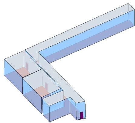 Figure 7. Parametric model from the case study. Walls are visualized in blue, while floors in red and ceilings in grey. Doors are also visualized in red but without transparency.