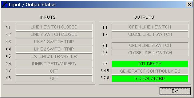Operation counters Time meters Reset buttons Input-Outputs This window shows the function programmed on ATL Input-Output terminals, and their current status.