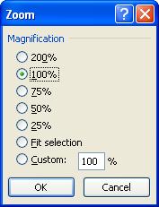 Views Zoom Box Zoom to Selection On the Ribbon, click on the View tab. In the Zoom group, click on the Zoom button. Choose a percentage OR click in the Custom box, and type the desired percentage.