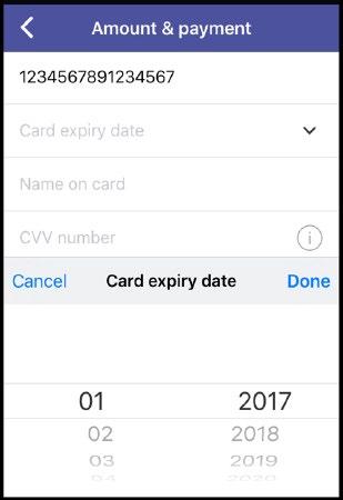 3 4 In 'Card expiry date', tap drop down arrow to select the month