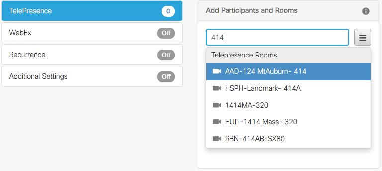Here you can enter your meeting title, choose the meeting date and time, and most importantly select the system you will be using for your meeting. In row 1 (TelePresence), you will see a search bar.