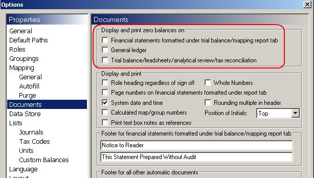 Documents: Uncheck the boxes to skip the zero balances in CaseWare automatic documents (Trail balance etc.).