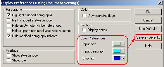 In the Colour Preferences section, click to set your workstation colour preferences for skipped text, input paragraphs, and input cells (see table below). 4.