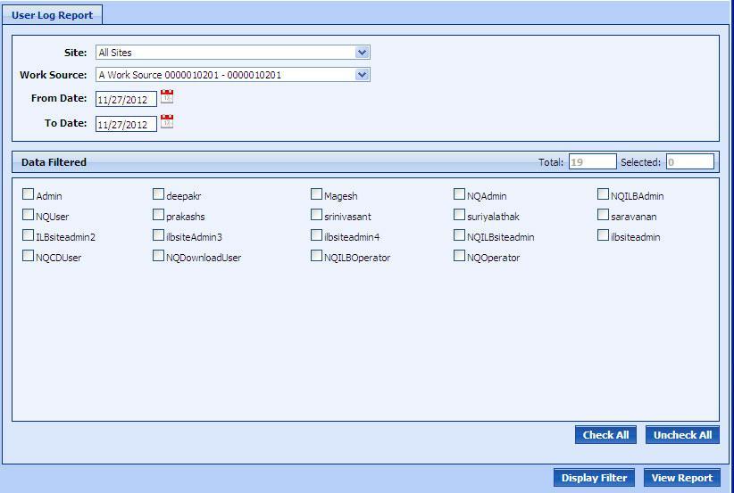 Display Filter - Users Display Filter - Batches For bulk selection of batches, enter a batch range in the From Batch and To