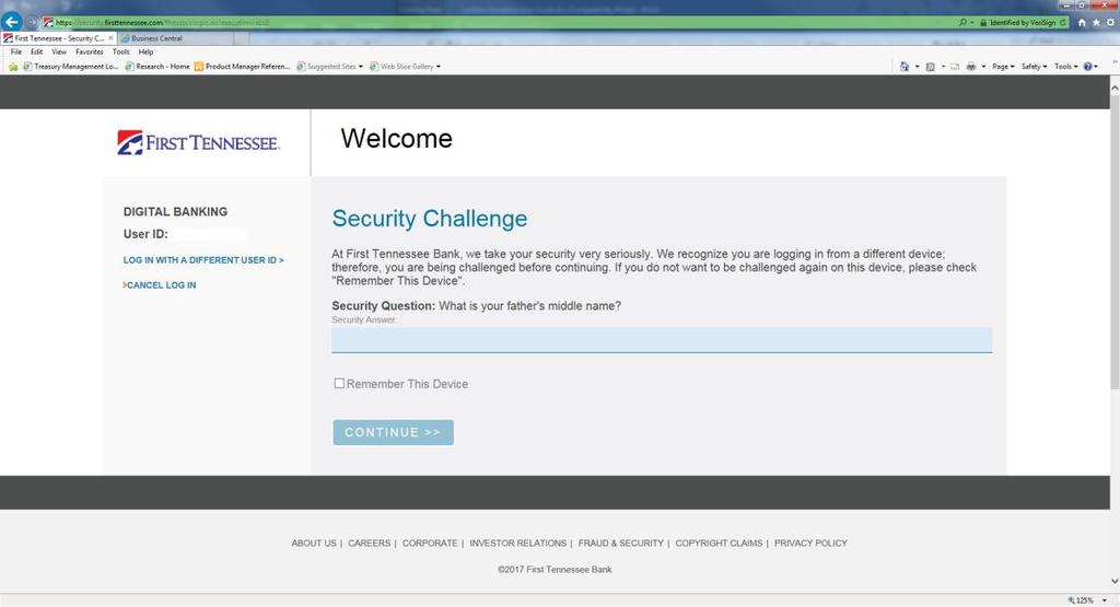 4. Answer the random security question and click Continue. 5. Next provide your password and click Log In.