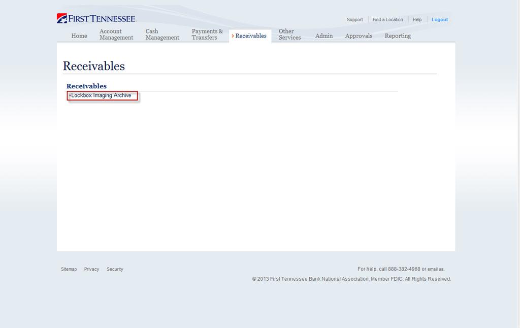 6. Once inside Business Banking Online (BBOL), click on the Receivables tab. 7. Click on Lockbox Image Archive.