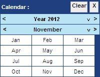 When you have chosen the year and/or month, that year and month's calendar is displayed. Click on the desired day to fill in the date field. Click Clear to blank out the date field.