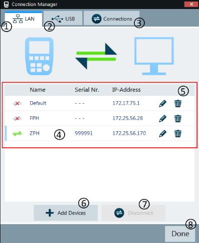Connecting the Instrument Connection Manager Menu Figure 3-1: Connection manager menu 1 = LAN connection tab 2 = USB connection tab 3 = List of connections tab 4 = Selected instrument 5 = Connection