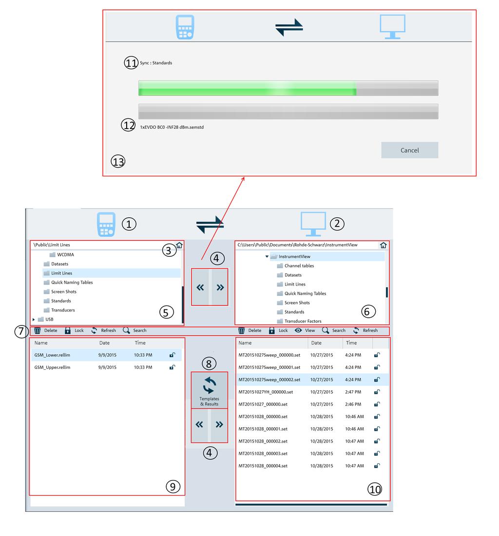 Working with Instrument Figure 4-11: File transfer dialog 1 = Instrument icon. 2 = PC icon.