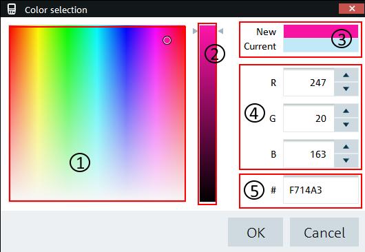 Options Figure 4-40: Color selection dialog 1 = Color display area 2 = Brightness settings indicator 3 = Color preview area 4 = RGB color codes 5 = HEX color codes Select the "Default" button to