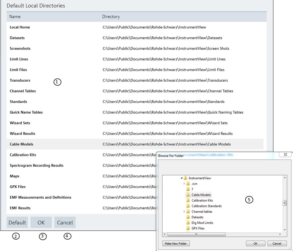 Options Figure 4-41: Directory settings dialog 1 = List of the different file types directory setting 2 = Press "Default" button to reset the path directory to default settings 3 = Press "OK" button