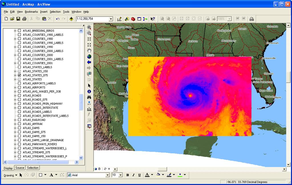 Figure 13. Spatial Subset of GOES Infrared Data in ArcGIS APPENDIX A 1. GINI: The file format and data structure used for Satellite Data in the Advanced Weather Interactive Processing System (AWIPS).