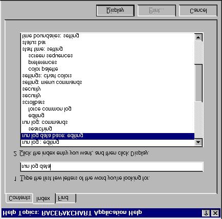 This dialog box allows the user to search the index included with the DataLink help systems for keywords relating to topics that you wish to explore.