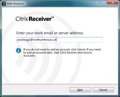 Open the Citrix Receiver and add your account Depending on your device the Citrix Receiver link may be in your Start Menu, Start Screen (Windows 8) or Finder/Applications (Mac OSX).