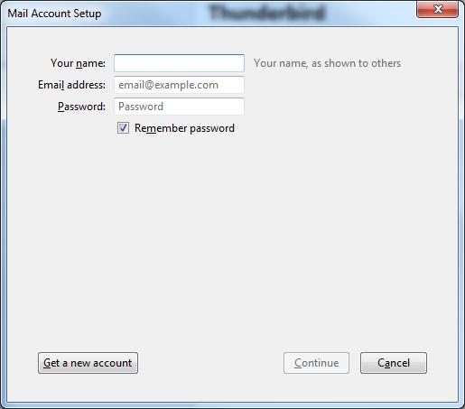 3. In the Mail Account Setup window, enter your first and last names, email address, and the password for your email account. Then click Continue. 4.