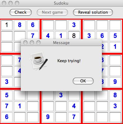 If the user clicks the Check button and the puzzle is incomplete or not solved