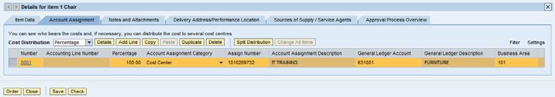 Check the cost object under the Account Assignment header (this field could say Cost Center,
