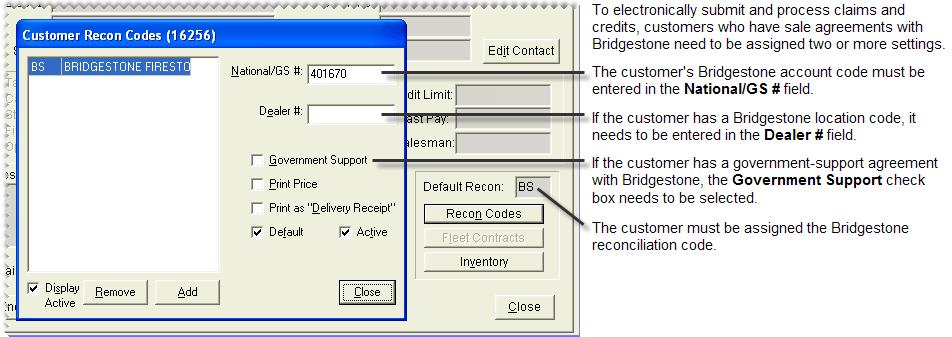 The Government Support check box has been selected for customers with government-support agreements on the Customer Recon Codes screen.