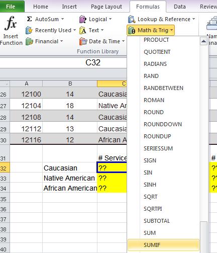 Excel file: Excel_Formulas_BeyondIntro_Data.xlsx Lab One: Sumif, AverageIf and Countif Goal: On the Demographics tab add formulas in Cells C32, D32 and E32 using the above functions.
