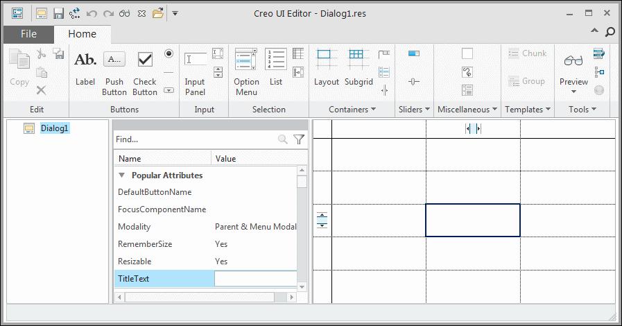 About the Creo UI Editor Main Window You can create dialog boxes using the Creo UI Editor. The dialog boxes are saved as resource files.