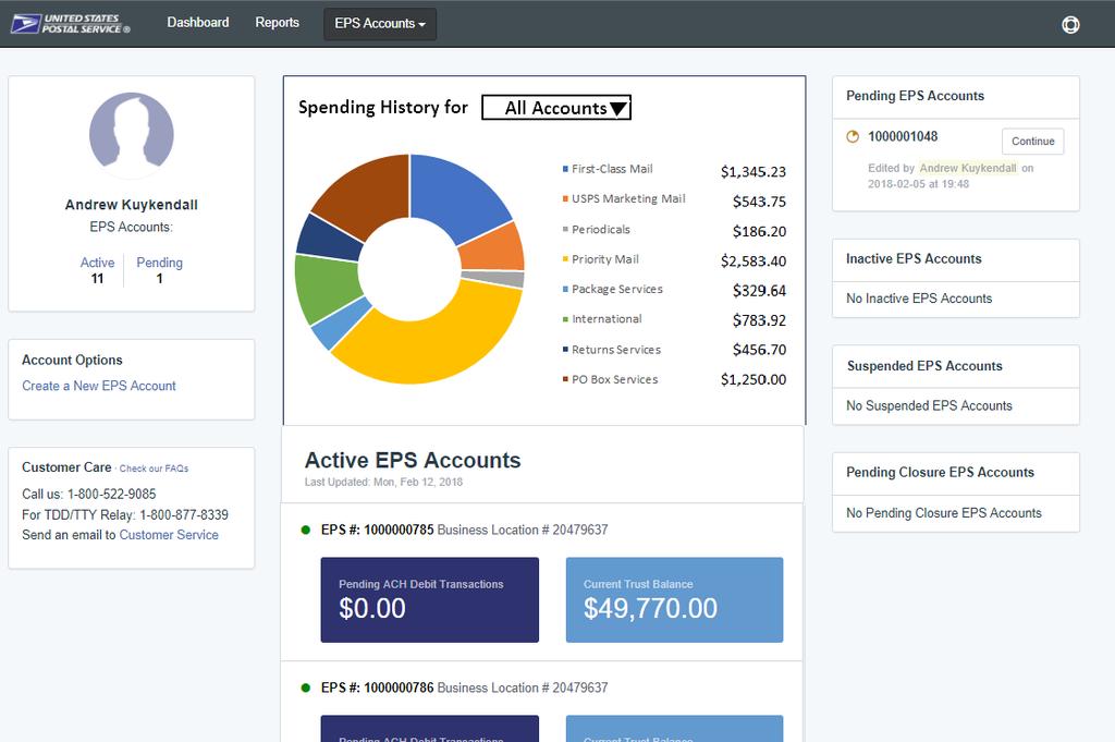 Commercial Mailings on EPS Reports Customer Dashboard Customer Dashboard provides a quick glance of all EPS accounts View the real-time total of pending ACH debit