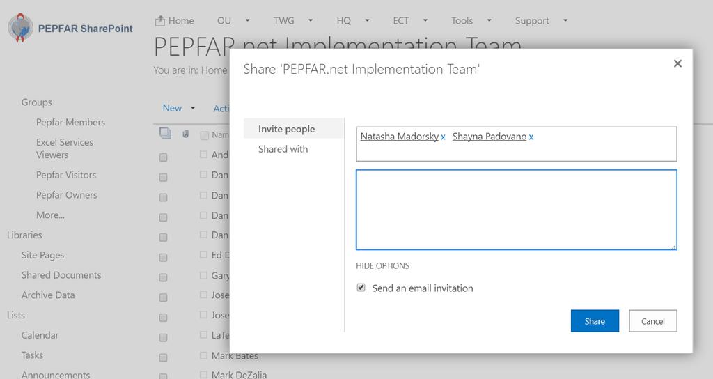 On the pop-up window, enter the names of the PEPFAR SharePoint users you would like to add to that membership group.