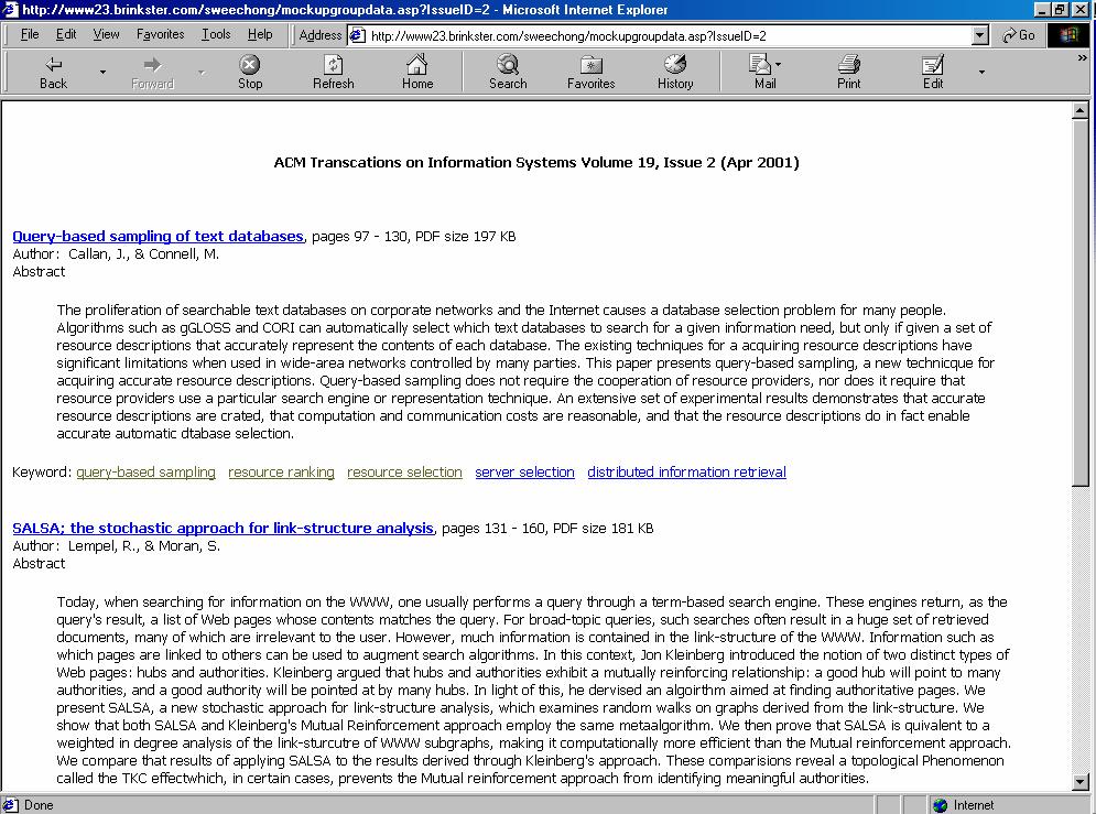 Figure 2. Articles in each issue with abstract and keywords shown Clicking on the title hyperlink of an article will generate a new page containing the full information about the article.