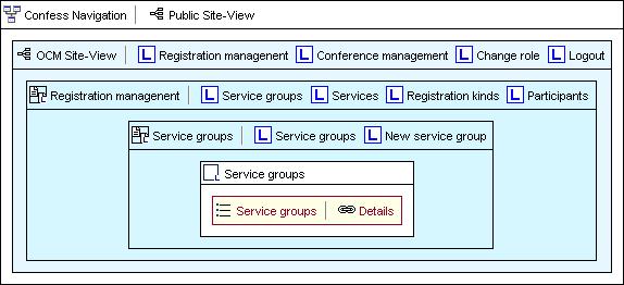 Prototyping Navigation in Web-Based Information Systems Using WebML Figure 5. OCM Site-View state. Similarly to Public Site-View, default page state Service groups is selected and showed.