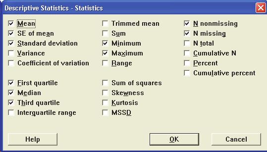 then click on the Statistics box. The dialog box in Figure 2.9 will be displayed Figure 2.9 Descriptive Statistics Dialog Box Note that some commonly used statistics are already selected.