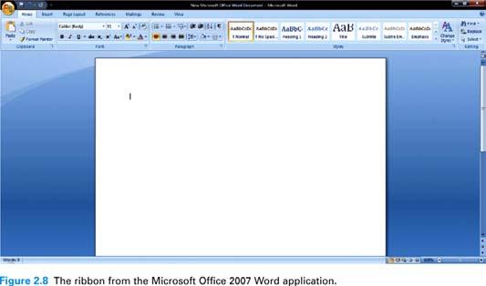 Microsoft Office 2007 Ribbon New ribbon interface in Vista Hides most menu operations until needed Office button (upper left corner) is the File menu Edit operations are in several locations Home