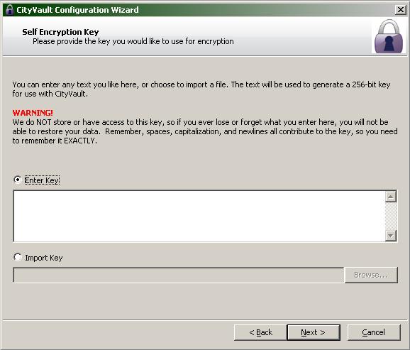 Figure 4: Self Encryption Key Window 1. Click Next. 2. When prompted to save your key, click Yes. Note: It is recommended that you save your key in case you need to restore your backed up data. 3.