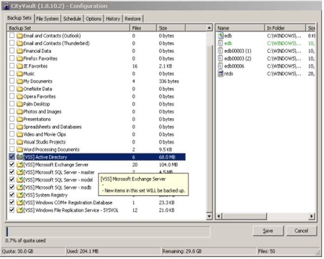 Figure 17: VSS Backup Sets To back up these applications for file sets, select the check box next to the backup set.