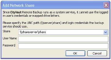Adding a Network Share If your computer is in a network environment, you can add network shares to your file system backups. This allows you to back up content on another computer that is shared.