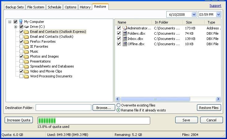 Figure 28: Restore Tab 1) In the left panel, select the backup set from which you want to restore files. 2) In the right panel, select the file or files you want to restore.