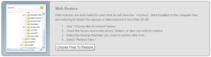 Figure 30:Web Restore You have the option of selecting files and folders to restore in two different ways: Restoring Files from the Web Using the File System on page 39 Restoring Files from the Web