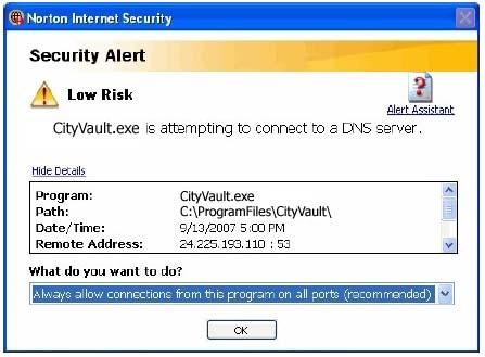 Figure 2: Security Alert Window Configuring CityVault 1. Start the CityVault Configuration Wizard. 2. Depending upon your selection when you finished the installation, you have two choices for starting CityVault.