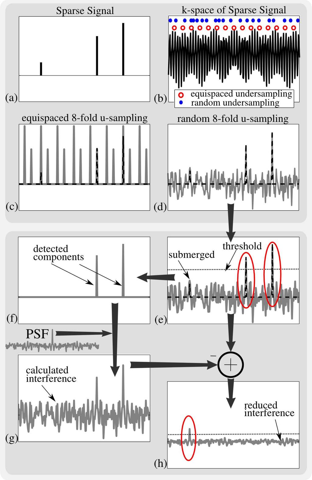 Figure 2: An intuitive reconstruction of a sparse signal from pseudo-random k-space undersampling. A sparse signal (a) is 8-fold undersampled in k-space (b).