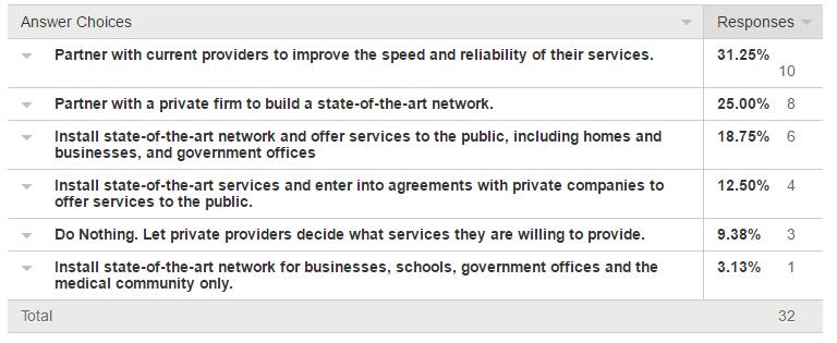 When asked what the role of government (i.e. the local municipality or the county) should be in terms of solving broadband issues within a community if adequate or affordable service was not being