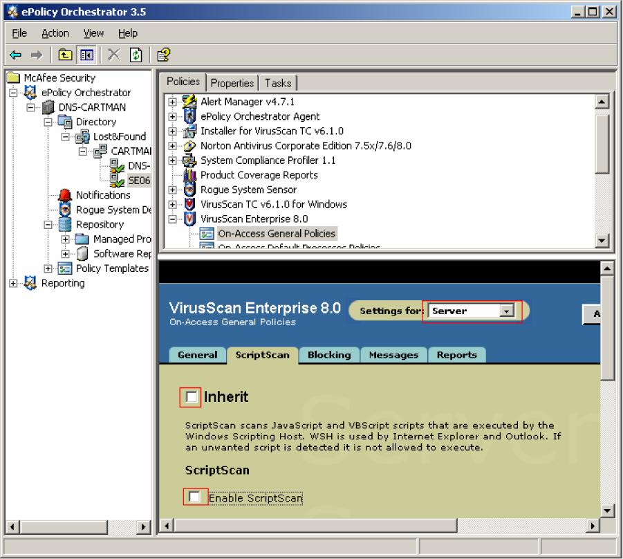 Figure 2. VirusScan Enterprise 8.0 Server Settings 9. Repeat this process for the Workstation selection in the Settings for: drop-down menu. 10.