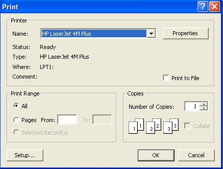 To Print a Report using toolbar Choose File Print from the menu bar to open the Print dialog box.