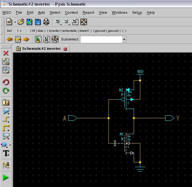 13. Change the W & L values of the Transistors to For PMOS : L = 2u; W=10u For NMOS : L = 2u; W =5u Check & Save Add wire Add Ports 14.