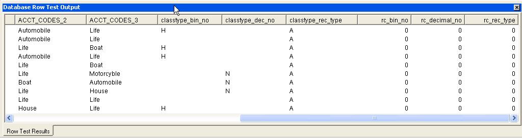 The Database Row Test Output window displays the results for the database row test, including the following user-defined fields: The user-defined fields display the following information: